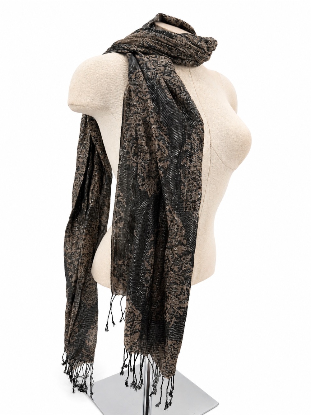 Cejon Black Metallic Scarf Accessory Overlay Boho Fringe India